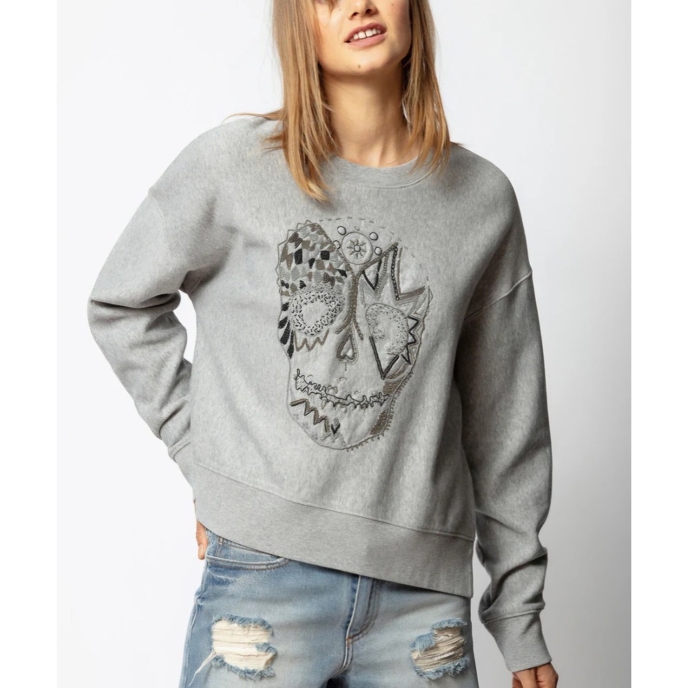Zadig & Voltaire Scull Embroidered Champ Cannetille Cotton Sweatshirt sz XS